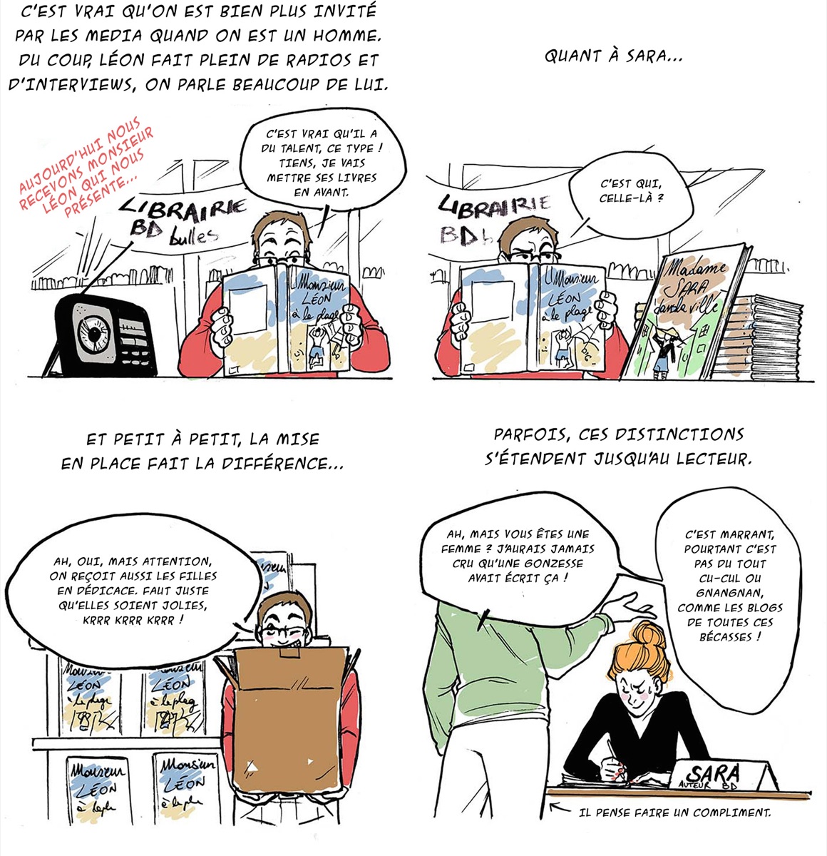 Planche 3 : en librairie, les livres de Léon sont mis en avant, ceux de Sara ignorés.