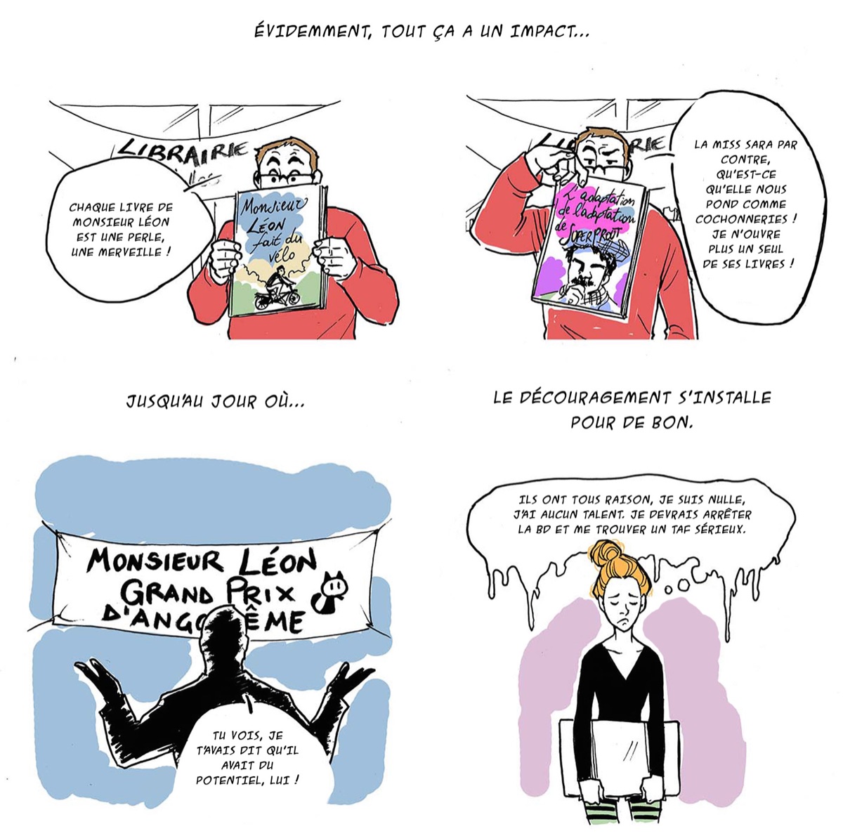 Planche 4 : Léon reçoit le Grand Prix d’Angoulême, Sara se décourage.