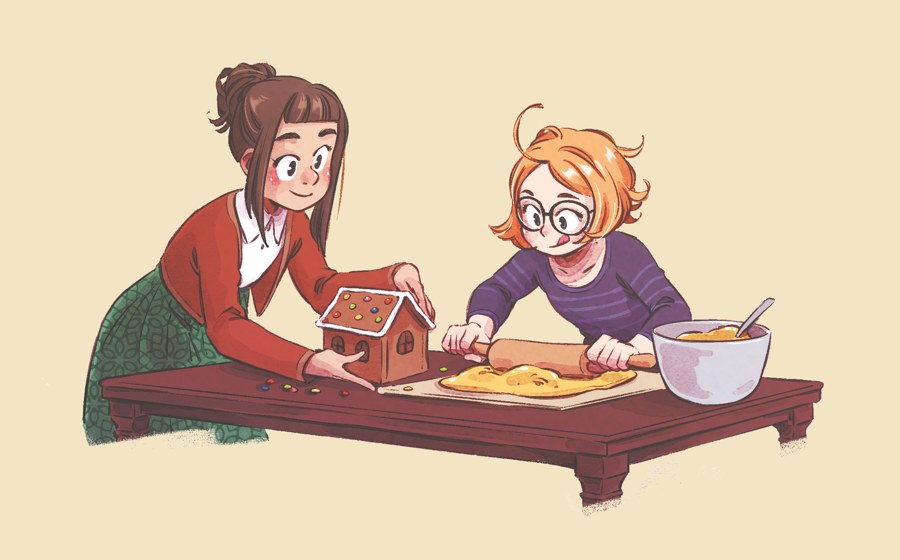 Elfie et une amie préparent une maison en pain d’épices