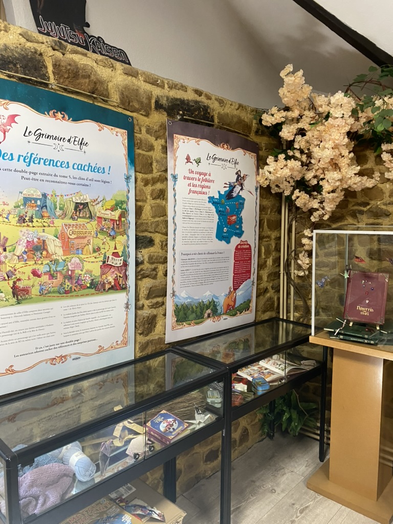 L’exposition Le Grimoire d’Elfie : panneaux, vitrines et grimoire relié