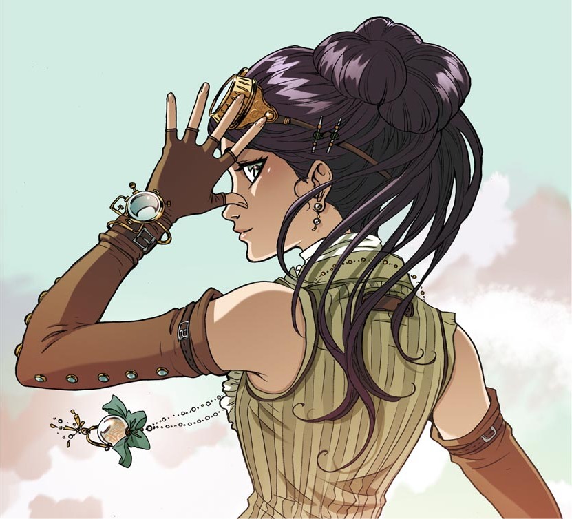 Sara en tenue d’ingénieure, lunettes d’aviatrice relevées, illustration de Nora Moretti